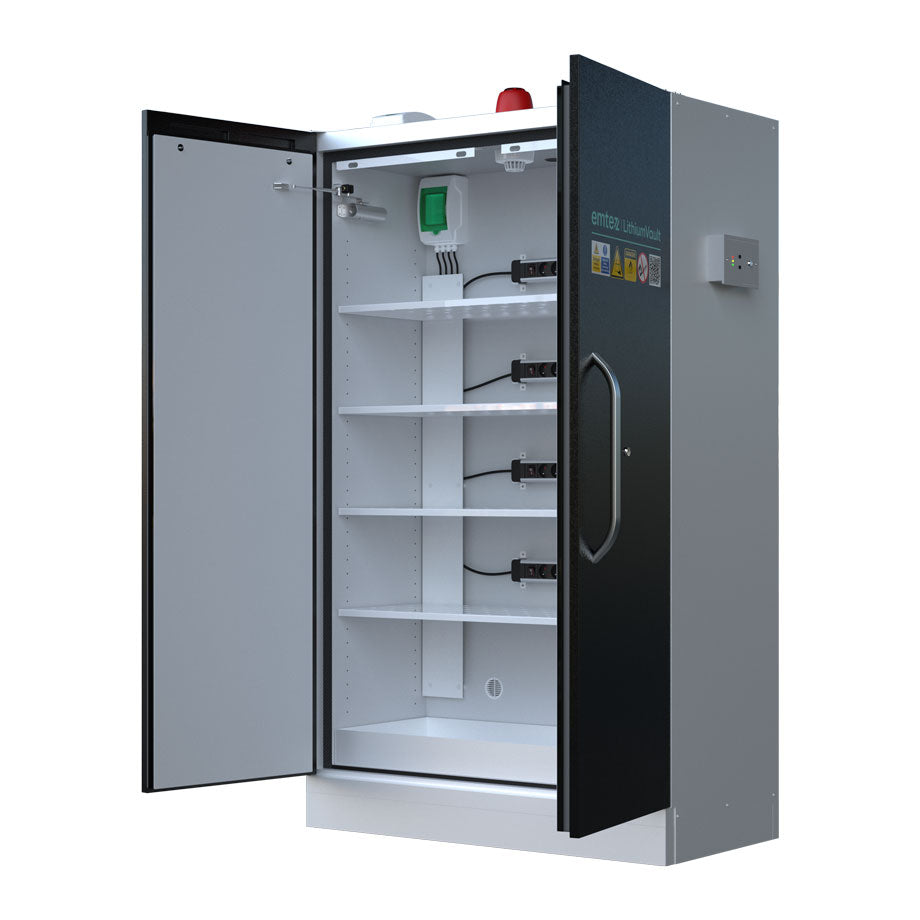 LithiumVault FirePro® Schrank mit Steuerung & Ladefunktion | Einphasig | 2-türig | Hoch – CH-L5F2PF16K